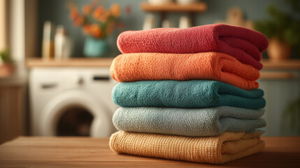 colorful folded clothes stacked in front of washing machine — ideal for use in laundry service promotions, cleaning product advertisements, home organization blogs, or household care visuals