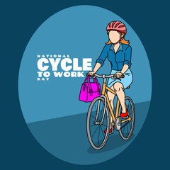 Cycle to Work Day to celebrate on August 7th. Illustration of a female worker going to work using bicycle transportation.