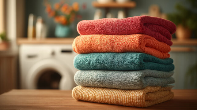 colorful folded clothes stacked in front of washing machine — ideal for use in laundry service promotions, cleaning product advertisements, home organization blogs, or household care visuals