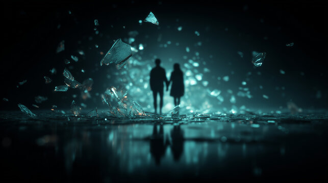 silhouetted couple holding hands behind floating shards of glass — ideal for book covers, relationship drama posters, conceptual art on fragility, emotional storytelling, or mental health awareness
