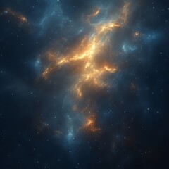 Glowing nebula with orange and blue hues in dark space