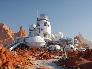 Futuristic martian base with modular habitats and exploration vehicles under a clear sky