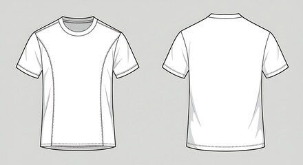 A blank white tshirt with side seams, front and back views, on a light gray background