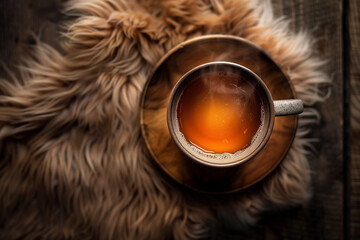 Fototapeta premium Warm cup of tea on wooden table with fur texture underneath 