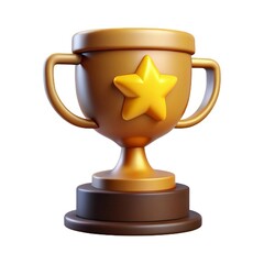 A golden trophy with a star emblem and handles, standing on a brown base, isolated on a white background