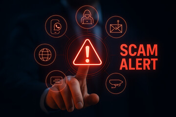 Person touching scam alert icon on blue digital interface, symbolizing online fraud detection and digital security awareness, scam alert, online scam warning, digital fraud, cybersecurity alert, 
