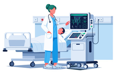 Illustration of a doctor monitoring a patient in a hospital bed with advanced medical equipment.  Doctor Checks Patient's Vital Signs in ICU – Clinical Monitoring with Advanced Technology.