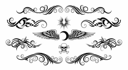 Collection of Black Tribal Tattoo Designs: Wings, Skull, and Swirls