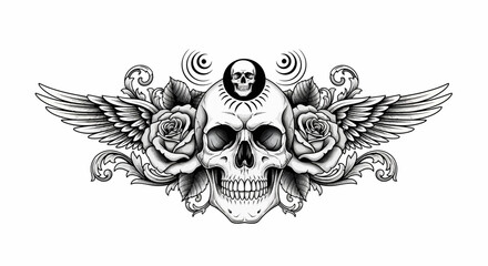 Fototapeta premium Detailed Black and White Skull with Wings, Roses, and Ornate Design