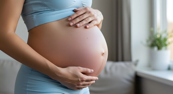 Side view of pregnant woman gently holding her belly in soft natural lighting near a window