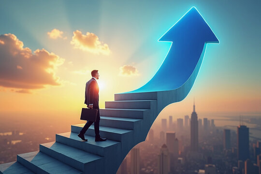 Businessman walk on stair ladder with up arrow success direction, sky and city background