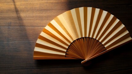 Elegant Minimalist Japanese Folding Fan in Neutral Tones Resting on a Rich Wooden Surface with Striking Lighting