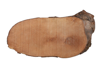 Wooden log serving and chopping board, isolated white background