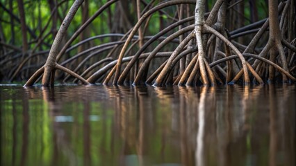 Mangrove roots emerge from water, creating a serene, natural environment rich in greenery and reflections.