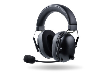 Black headphones with microphone on a white isolated background