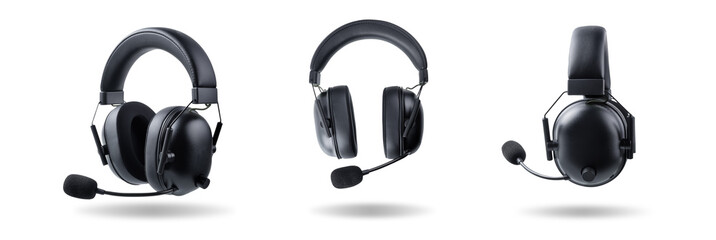 Black headphones with microphone on a white isolated background