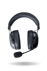Black headphones with microphone on a white isolated background