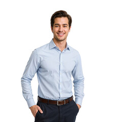 Confident young man in a light blue shirt and dark trousers standing with hands in pockets, smiling broadly, isolated transparent background.