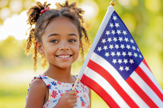 A happy young girl proudly holds an American flag. A symbol of patriotism, diversity, and the hopeful future of America.