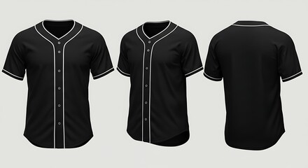 A black baseball jersey with white trim, shown from front, back, and side views