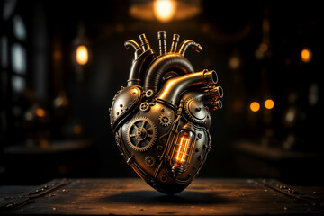 A detailed mechanical heart with glowing gears in a steampunk style. A concept for technology, passion, and the core of a complex system.
