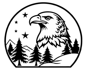 Majestic eagle head silhouette in a forest landscape with stars isolated on white background