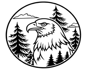 Majestic eagle head silhouette in a forest landscape isolated on white background