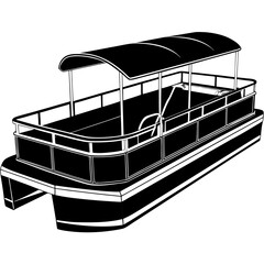 Black silhouette of a pontoon boat with a canopy isolated on white background