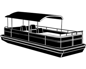 Black silhouette of a pontoon boat with a canopy isolated on white background