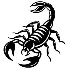 Stylized black scorpion silhouette with segmented tail and claws isolated on white background