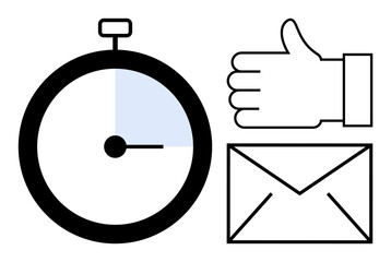 Stopwatch with time segment highlighted, thumbs-up gesture, and envelope icon. Ideal for time management, communication, approval process, efficiency, productivity, messaging simple landing page