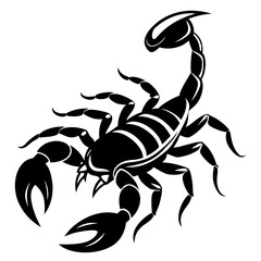 Stylized black scorpion silhouette with raised tail isolated on white background