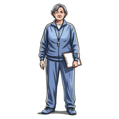 Fototapeta premium Mature Woman Coach in Blue Tracksuit Holding Clipboard Full Body Studio Shot