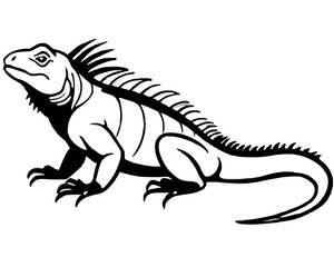 Black and white stylized iguana silhouette isolated on white background