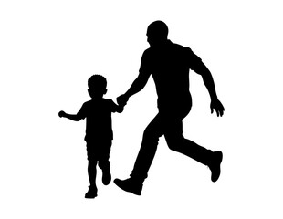 Fototapeta premium Black silhouettes of a father and son running, ideal for familythemed designs, Fathers Day projects, active lifestyle concepts, and sports ads.
