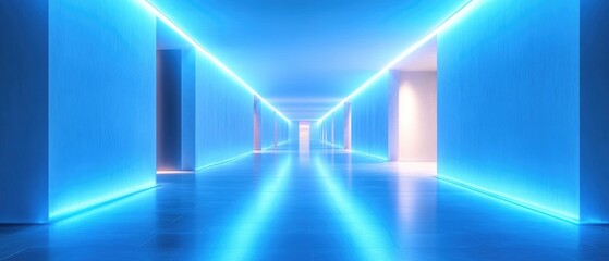 Empty futuristic corridor bathed in vibrant blue light