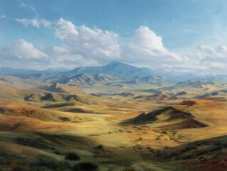 Fototapeta premium Expansive mountain landscape under a cloudy blue sky with golden hues