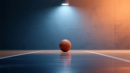 Single basketball rests on polished court floor under dramatic spotlight with warm and cool lighting