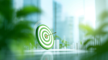 Bullseye target with business icons, eco cityscape.