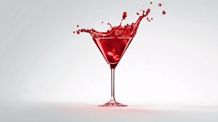 Red cocktail splashes from a martini glass with ice cubes inside it.