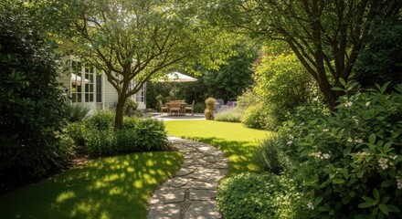 Idyllic English Countryside Garden Pathway Leading to a Peaceful Patio and Lush Greenery
