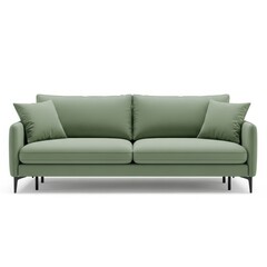 Modern sage green two-seater sofa with cushions and black legs isolated on white background.
