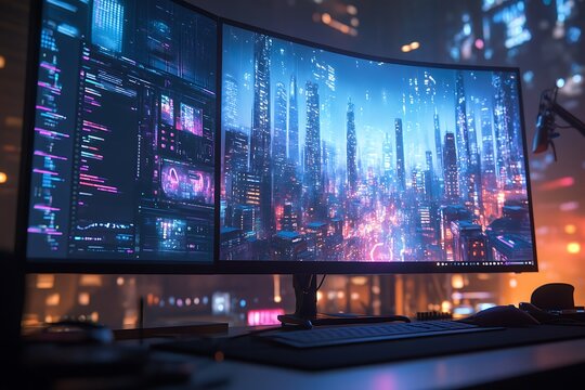 Futuristic computer setup with dual monitors displaying code and a vibrant cityscape at night