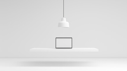 Laptop on floating white desk with hanging lamp in minimalist environment. Clean workspace mockup for tech branding