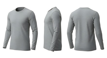 A plain grey longsleeved tshirt shown from front, side, and back views