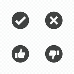 Set of four dark gray circular icons featuring white checkmark cross thumbs up and thumbs down symbols silhouette