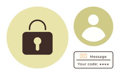Lock icon, user profile, and message verification code representing cybersecurity, user authentication, access control, identity protection, messaging security, safe communication, and privacy in