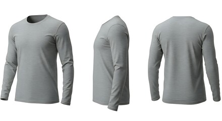 A plain grey longsleeved tshirt shown from front, side, and back views