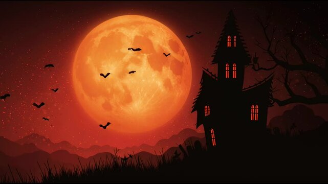 Eerie haunted house under a full orange moon
