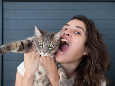 Femme joyeuse tenant un chat gris, bouche ouverte, cri de joie